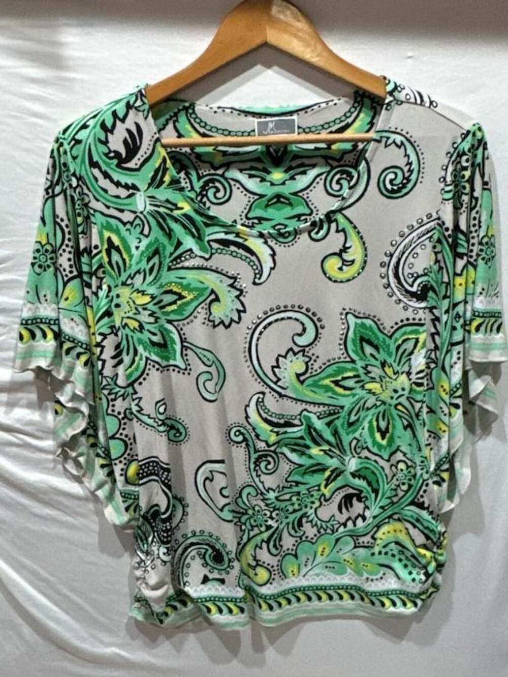 JM Collection Blouse Size L Green Paisley Flutter Sleeve Top
